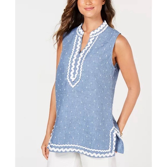 Charter Club Tops - Charter Club Women’s Ric-Rac-Trim Linen Tunic Top Blue White Sleeveless Size XL